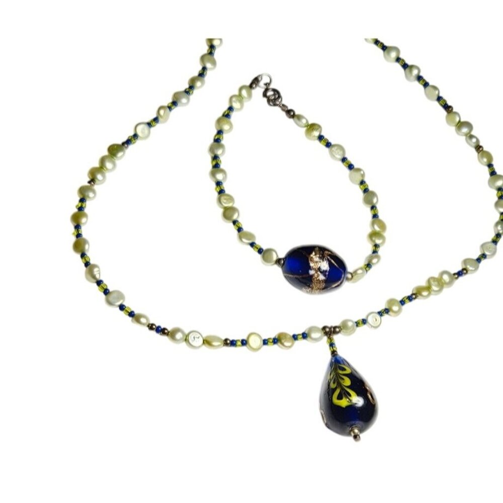 Necklace & Bracelet Set Faux Pearl Bead Blue & Gold Art Glass‎ Pendant